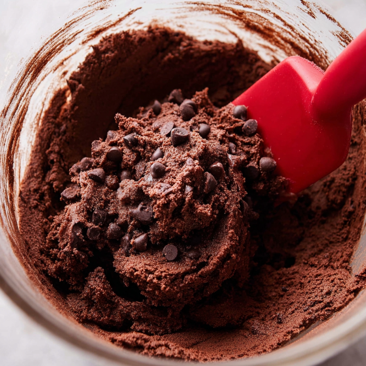 Soft Peanut Butter Chocolate Swirl Cookies 10 A thick and rich chocolate cookie dough with visible chocolate chips, being mixed in a glass bowl with a red spatula.