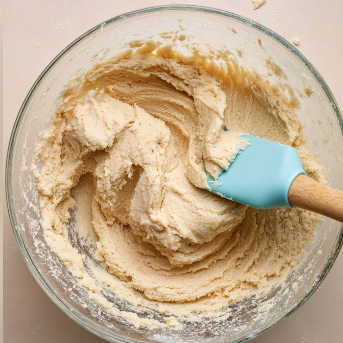 Soft Peppermint Meltaway Cookies 10 Creamy peppermint meltaway cookie dough being mixed in a glass bowl with a silicone spatula