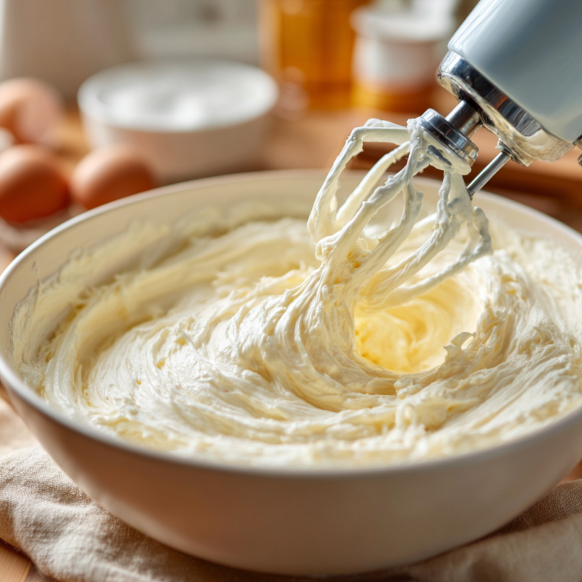 Close-up of a hand mixer beating a smooth, creamy filling in a large bowl, with eggs and other ingredients in the background.