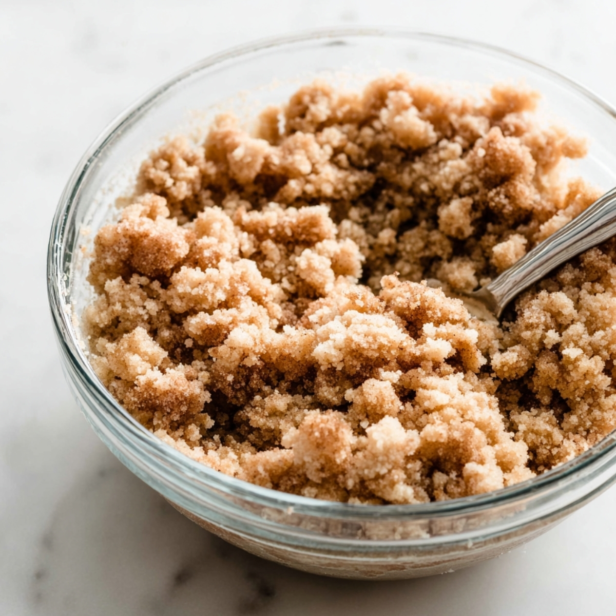 Easy Peach Streusel Muffins 10 Cinnamon streusel crumb topping in a glass bowl with a spoon, ready for peach muffins
