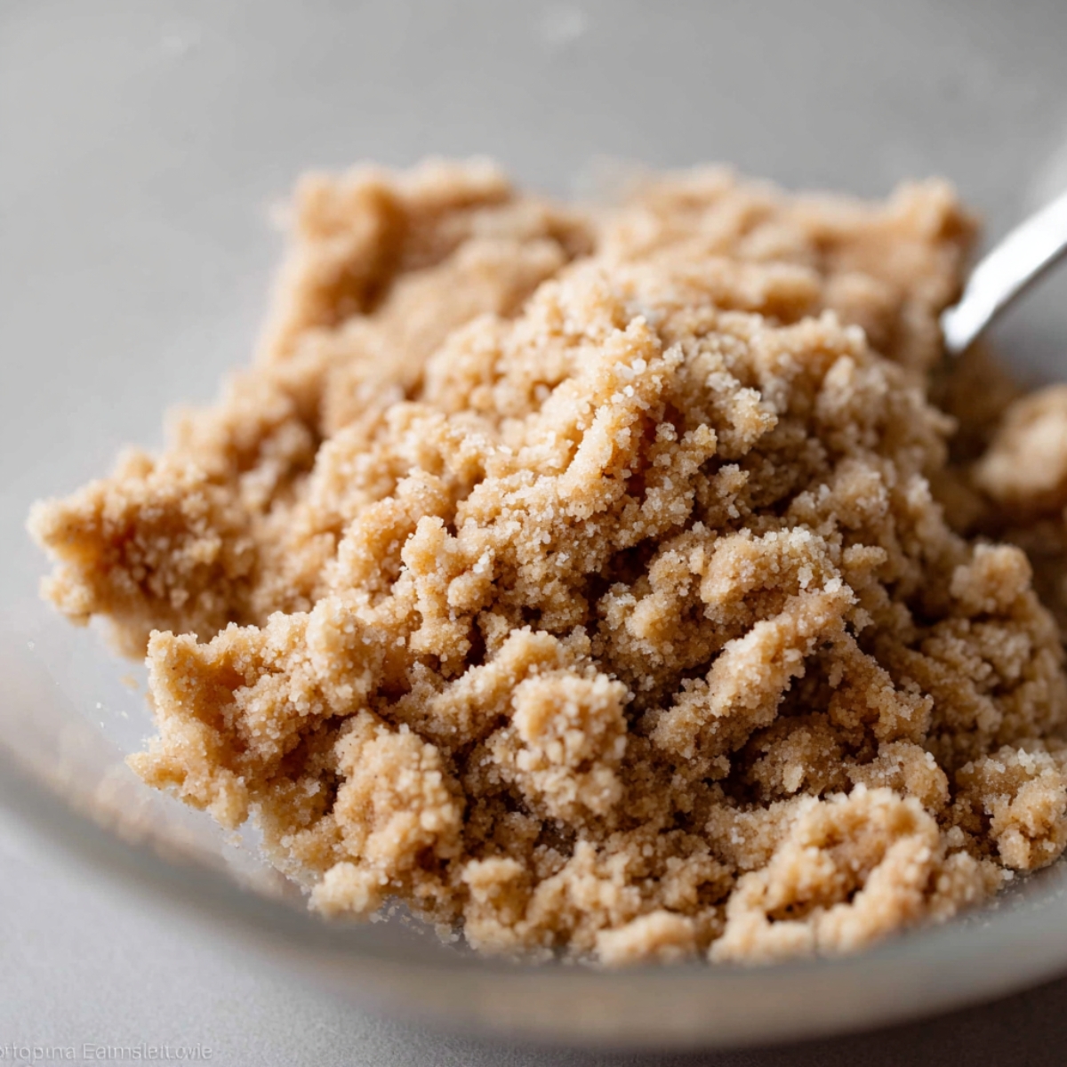 Easy Pumpkin Crumb Cake Muffins Recipe | 35 Minutes 11 A close-up of crumb topping being mixed in a glass bowl.
