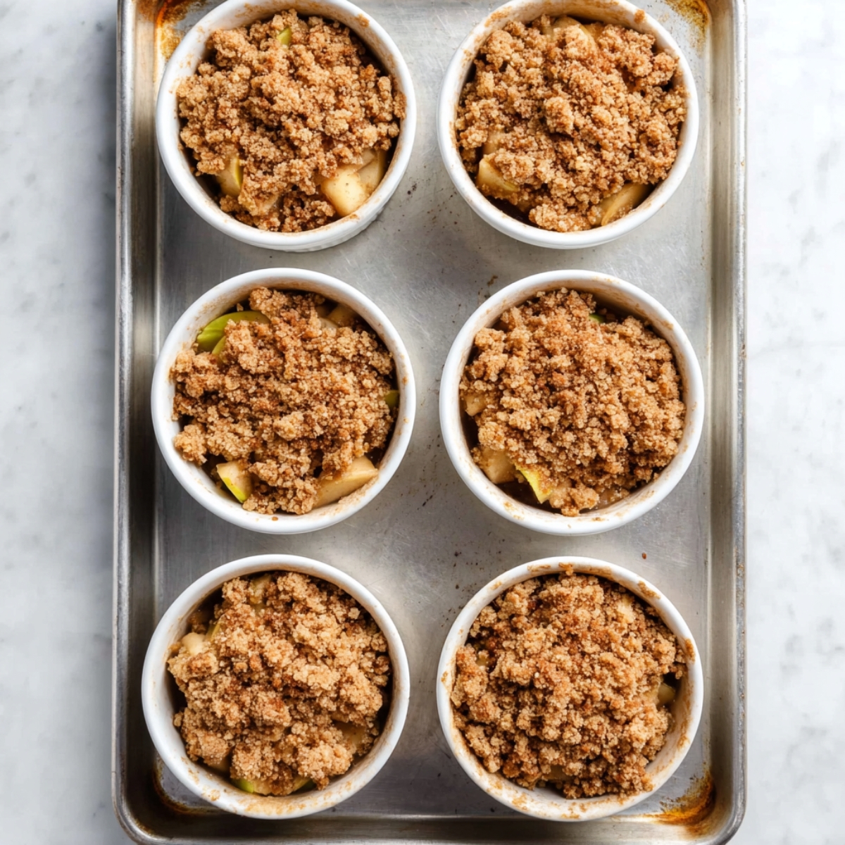 Individual Apple Crumbles Recipe 11 Six unbaked apple crumbles in white ramekins on a baking sheet.