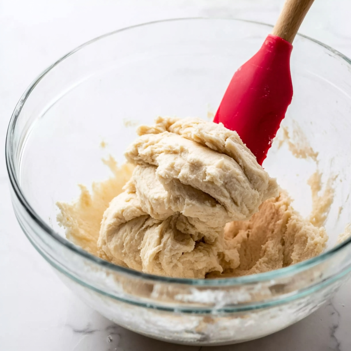 Easy Giant Cinnamon Roll Cake Recipe 10 Soft yeast dough being mixed in a glass bowl with a red spatula for making cinnamon roll cake.