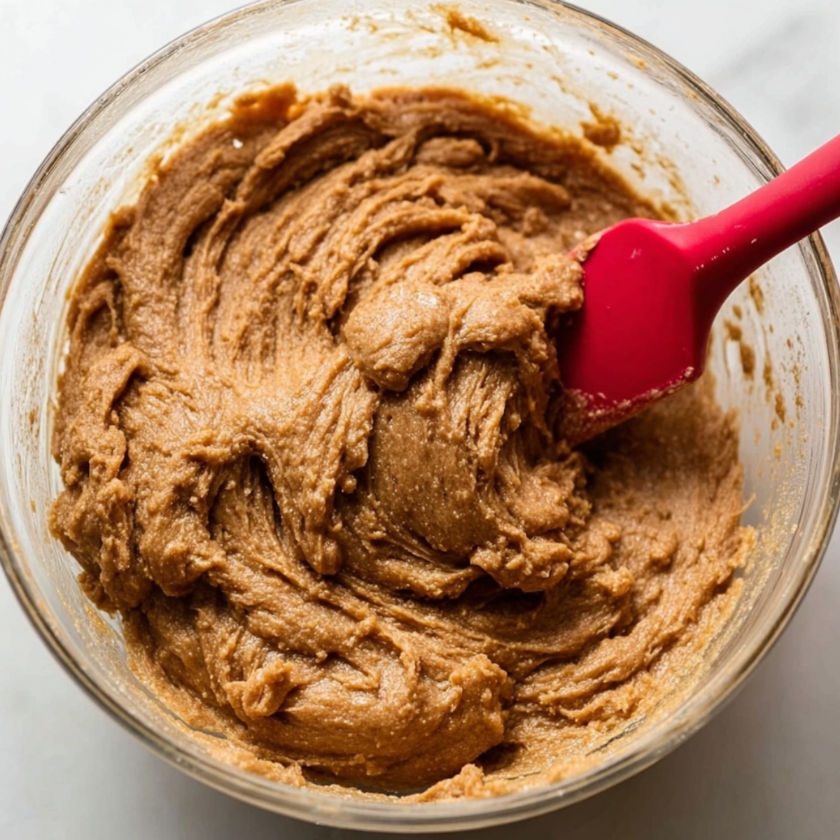 Homemade Gingerbread Cookie Bars 10 A mixing bowl filled with soft, spiced gingerbread dough, with a red spatula stirred through it.