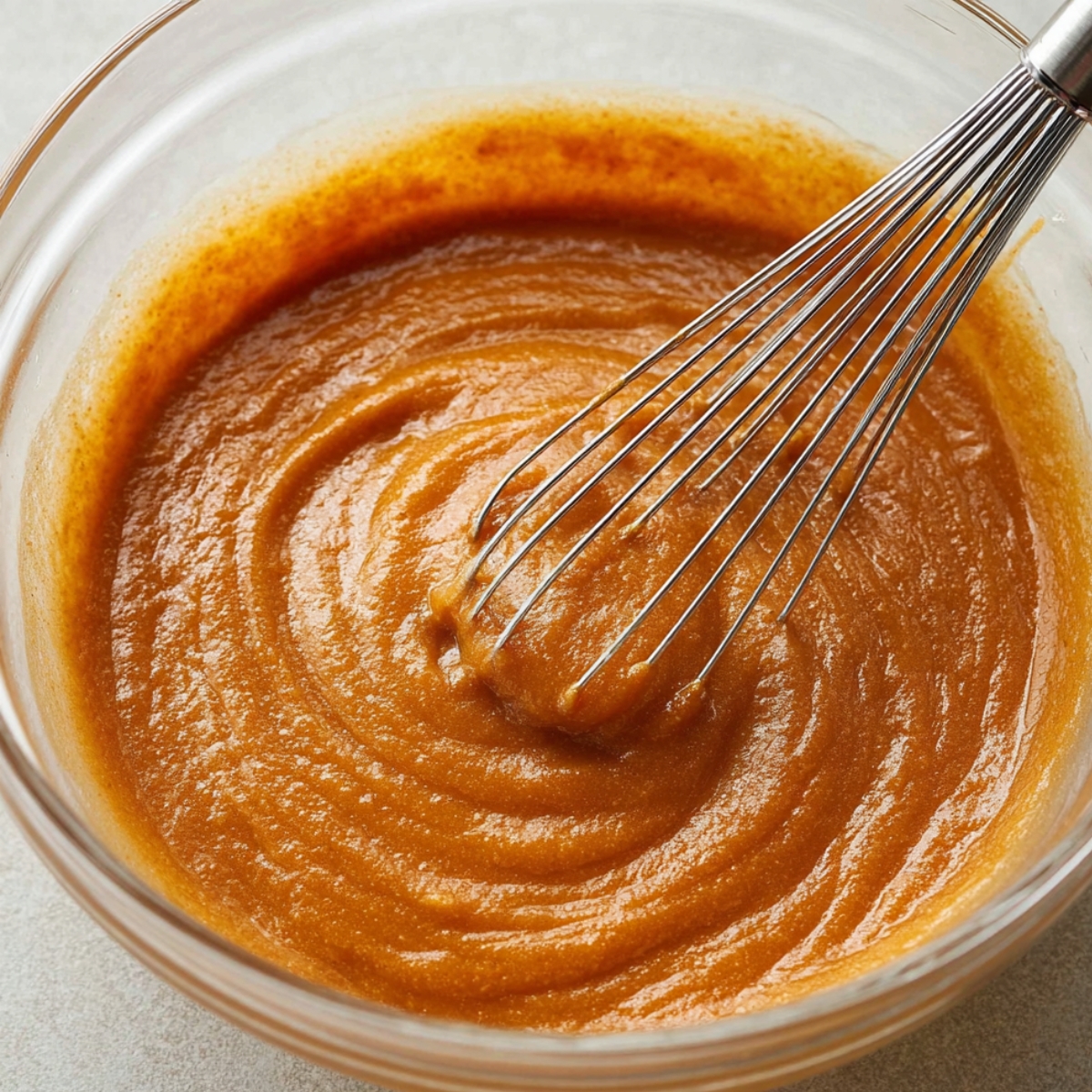 Pumpkin Hand Pies Recipe 10 A glass bowl containing smooth pumpkin filling being whisked. The mixture has a rich orange color and a velvety consistency, perfect for filling hand pies.