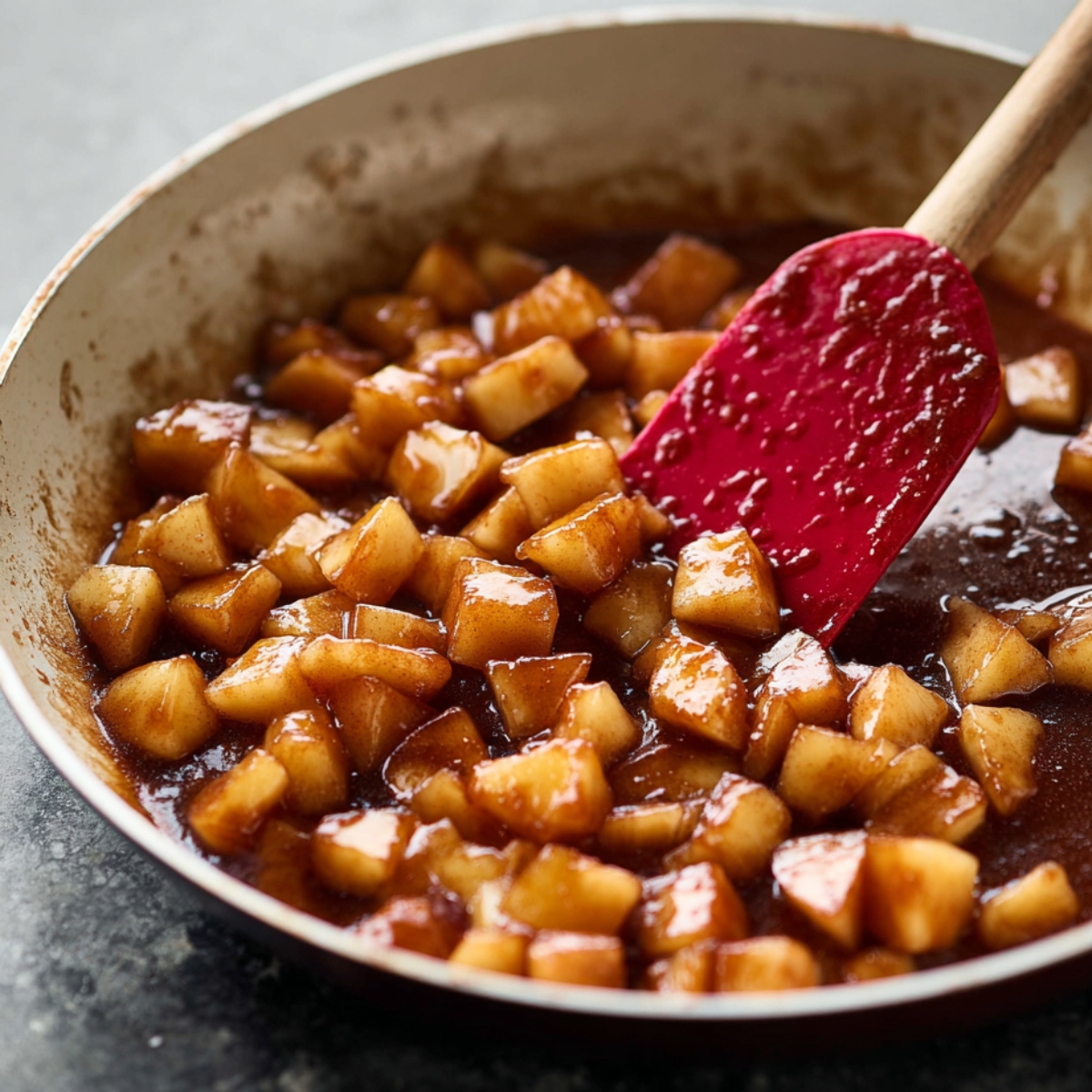 Easy Apple Hand Pies Recipe | Homemade & Freezable 10 Diced apples simmering in a skillet with cinnamon sugar syrup, being stirred with a red spatula as the mixture thickens into a glossy apple pie filling on a stovetop.