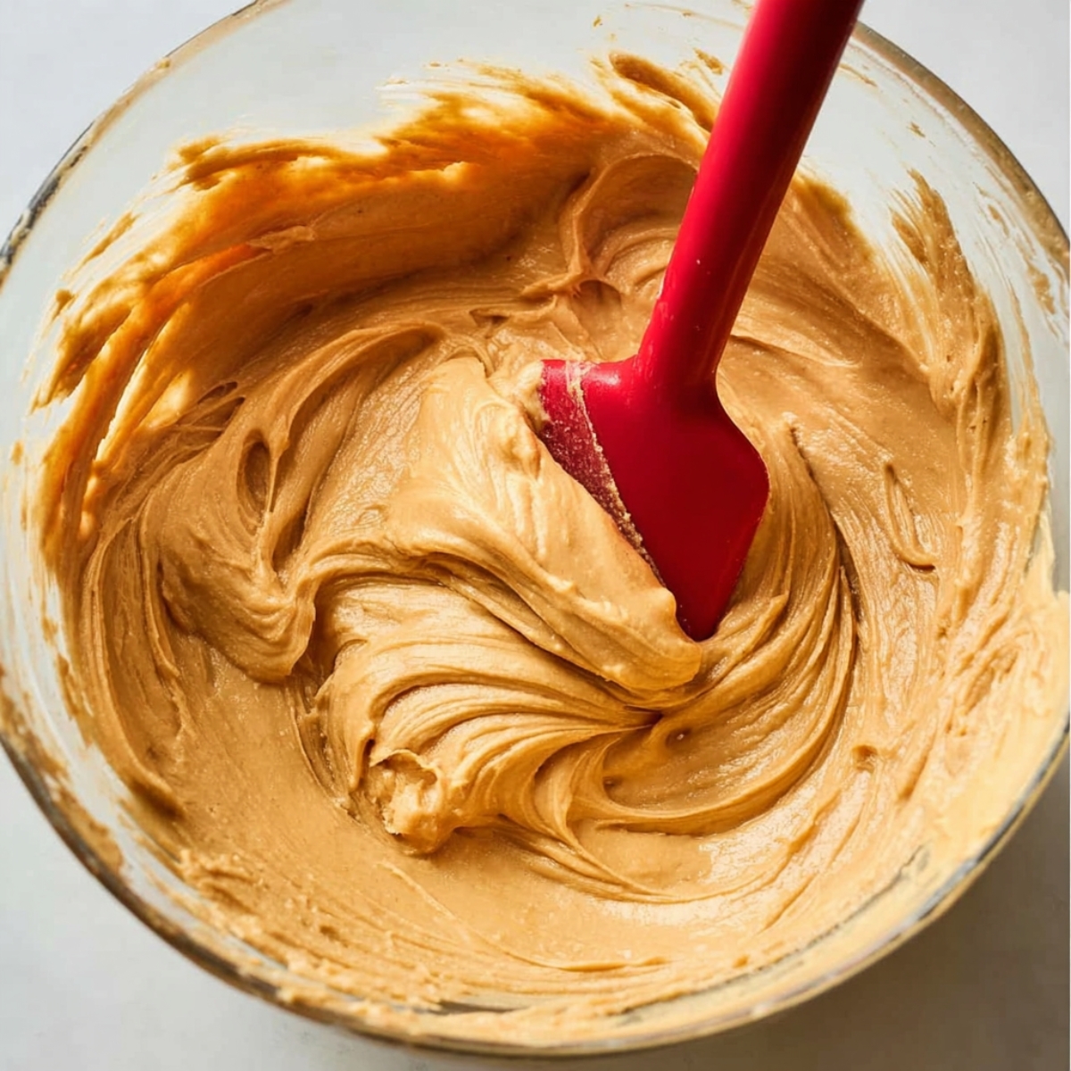 Peanut Butter Cup Tart 11 Creamy peanut butter filling in a glass bowl, with a red spatula gently stirring the rich mixture.