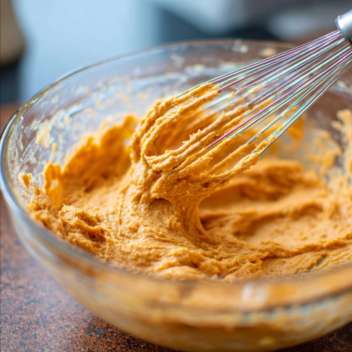 Brown Sugar Sweet Potato Pie 10 Sweet potato pie filling being whisked in a glass bowl, showing thick, creamy orange batter with a metal whisk lifting the mixture.