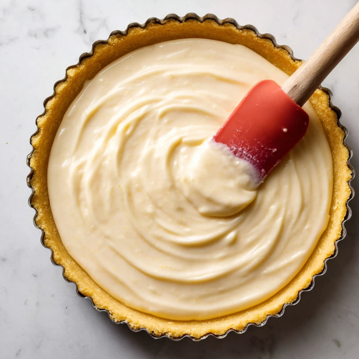 The Best Lemon Blueberry Tart Recipe 12 Lemon tart filling being spread smoothly into a baked tart crust with a spatula on a marble surface.