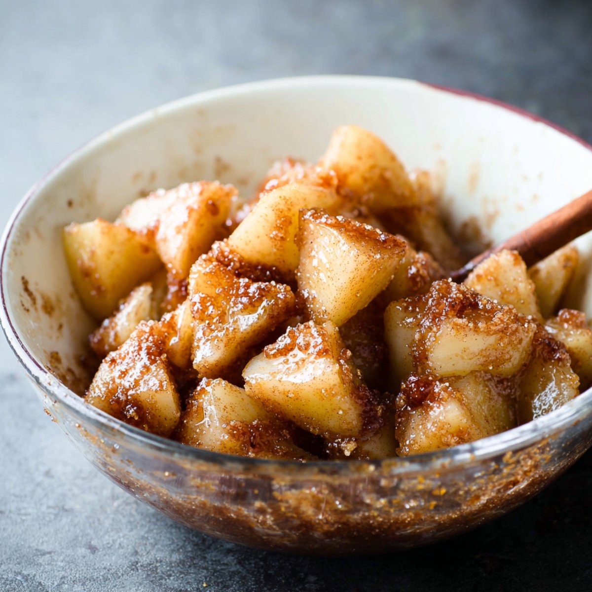 Homemade Caramel Pear Pie 10 Cinnamon-sugared pear pieces in a bowl, ready to be added to the pie crust for a delicious caramelized filling.