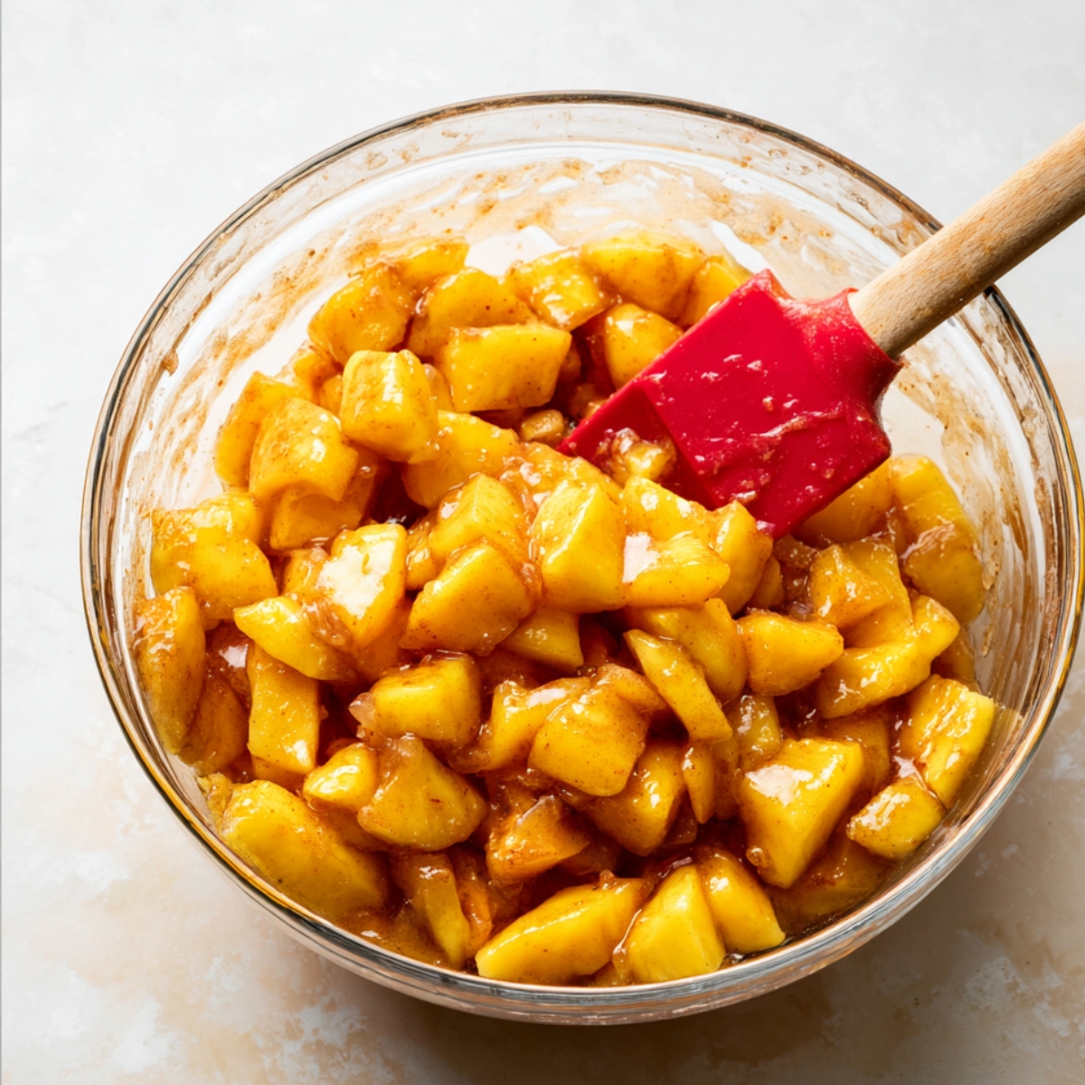 Perfect Peach Pie Recipe | Fresh & Flaky Every Time 10 A mixing bowl filled with freshly prepared peach pie filling, ready to be added to the pie.