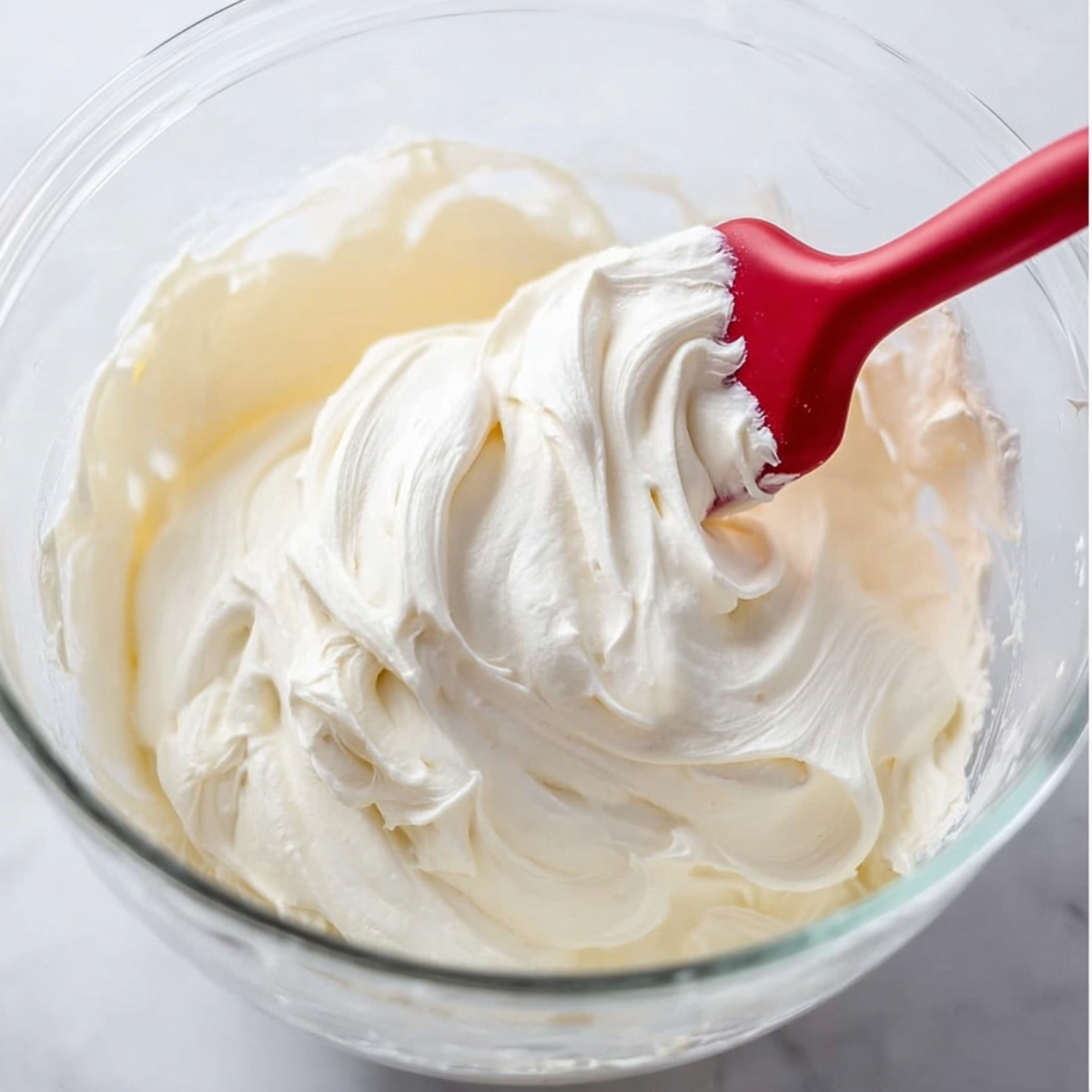 Whipped frosting in a glass bowl with a red spatula.