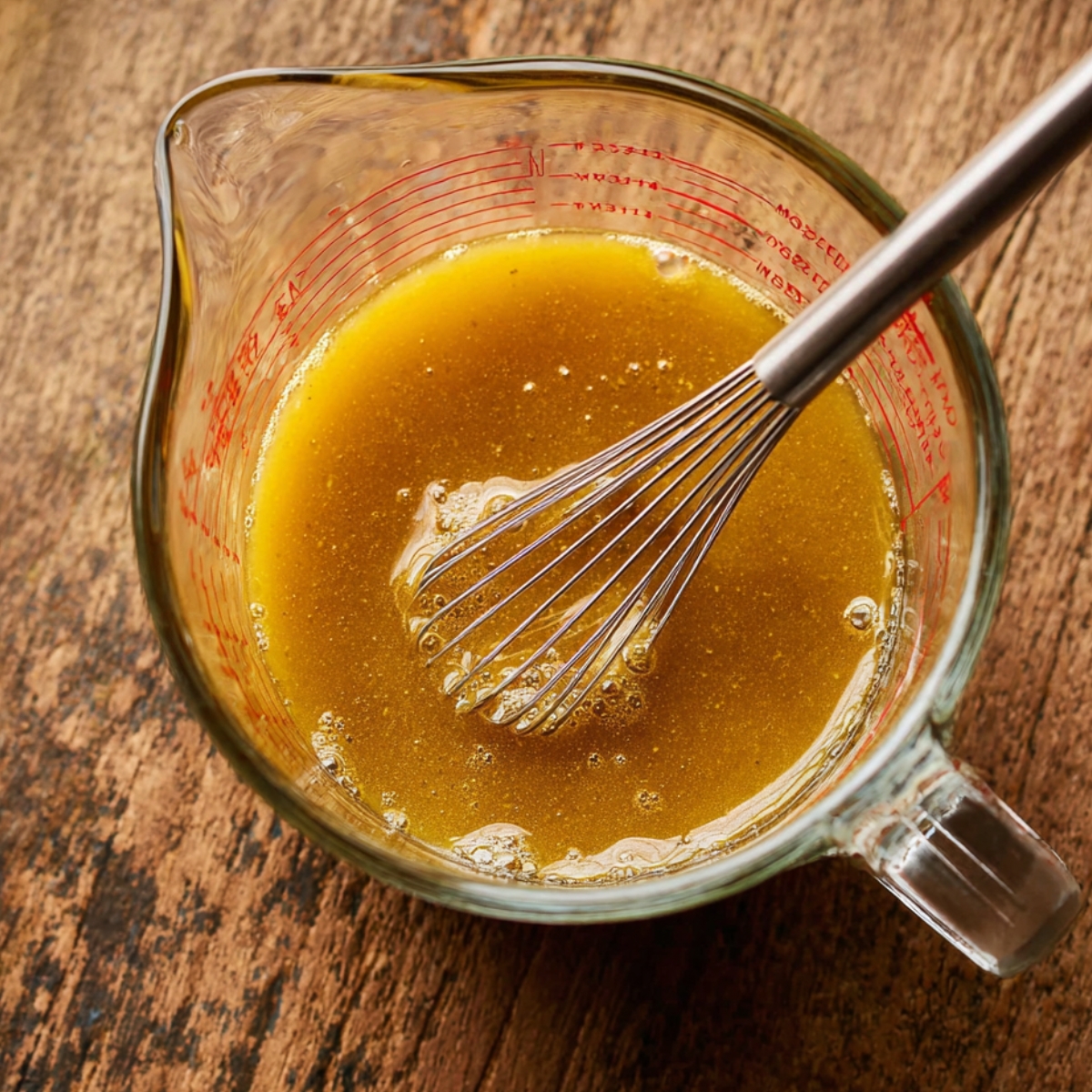 Honey Mustard Pretzel Pieces 10 Honey mustard sauce being whisked in a glass measuring cup on a wooden countertop
