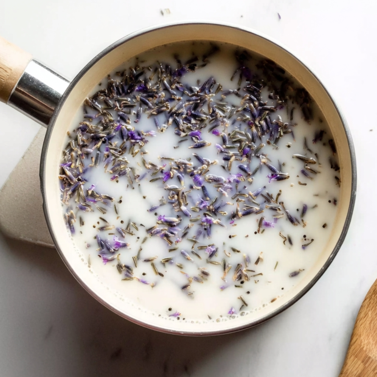 Moist Blackberry Lavender Cake Recipe 10 A pot with milk and dried lavender flowers steeping together on a marble surface.