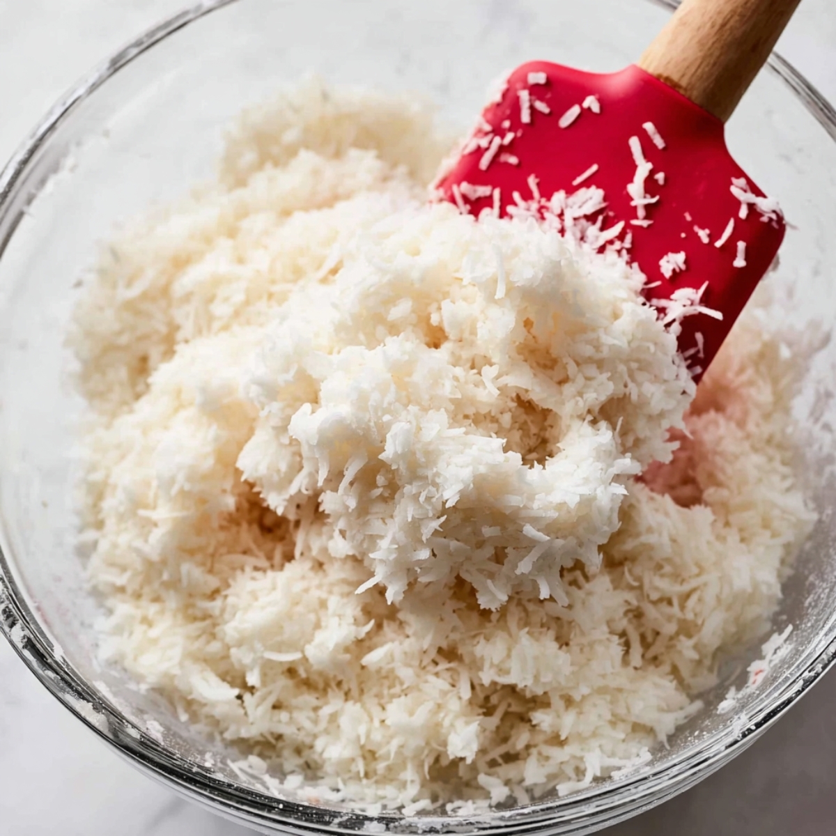 A glass bowl filled with freshly shredded coconut, stirred with a red spatula.