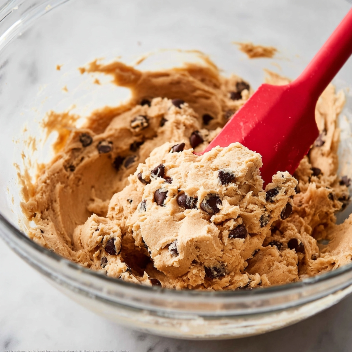 Soft Peanut Butter Chocolate Swirl Cookies 11 Peanut butter cookie dough being mixed in a glass bowl with a spatula, showing its smooth texture and chocolate chip bits.