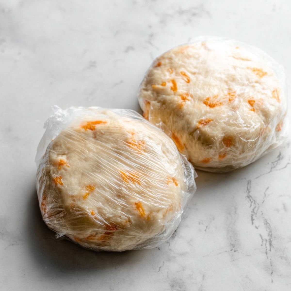 Easy Apple Cheddar Pie | Homemade Savory-Sweet Pie 10 Two balls of cheddar cheese pie dough wrapped in plastic wrap resting on a marble surface