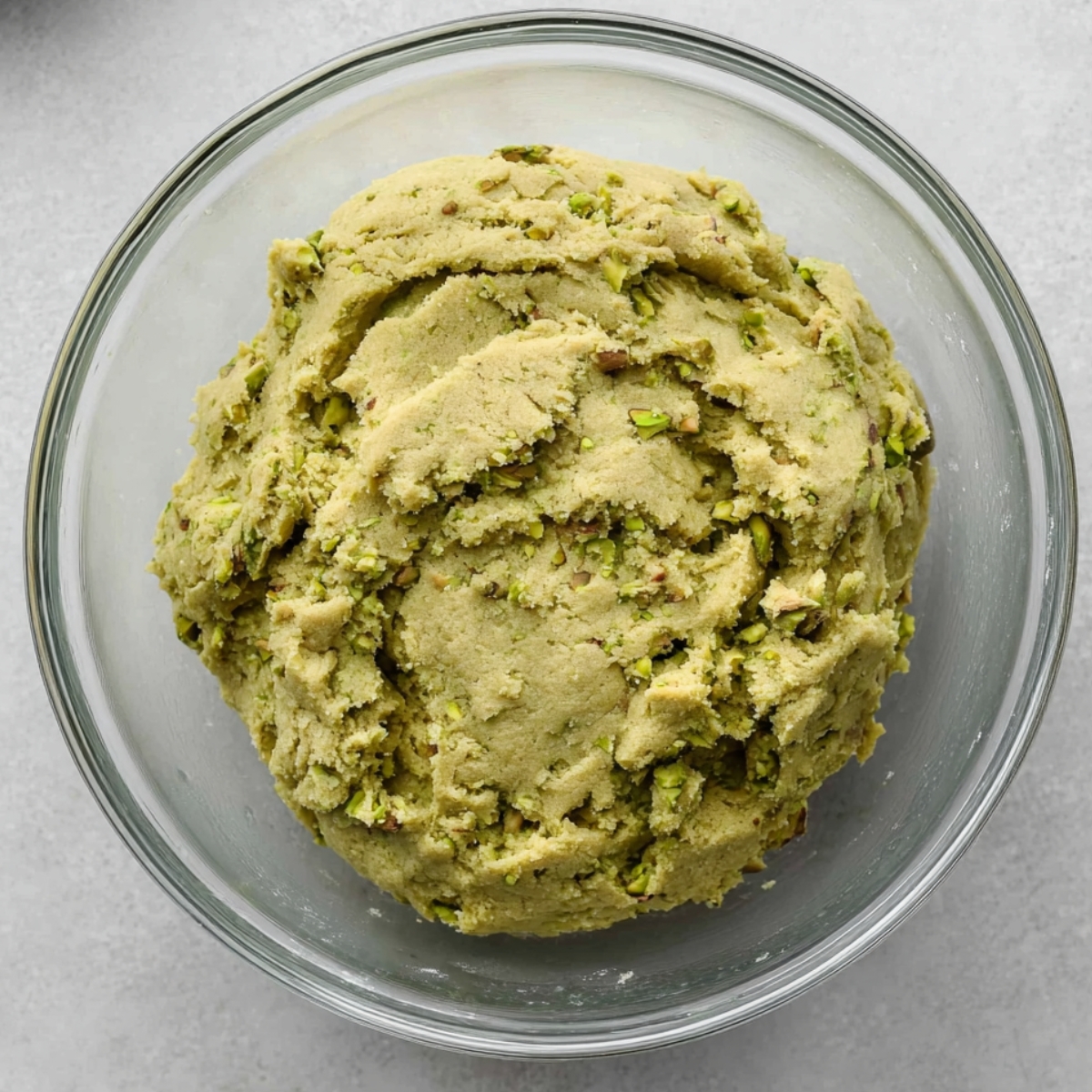 Spumoni Cookies (Cherry, Pistachio, Chocolate) 12 Bowl of pistachio cookie dough with finely chopped pistachios mixed throughout.