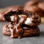 A close-up of a Marshmallow Hot Cocoa Cookies with a gooey melted marshmallow center oozing out.