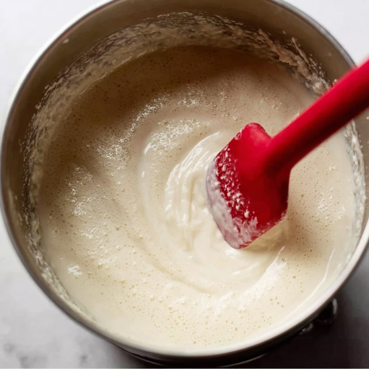 Smooth, creamy mixture in a bowl, being stirred with a red spatula.
