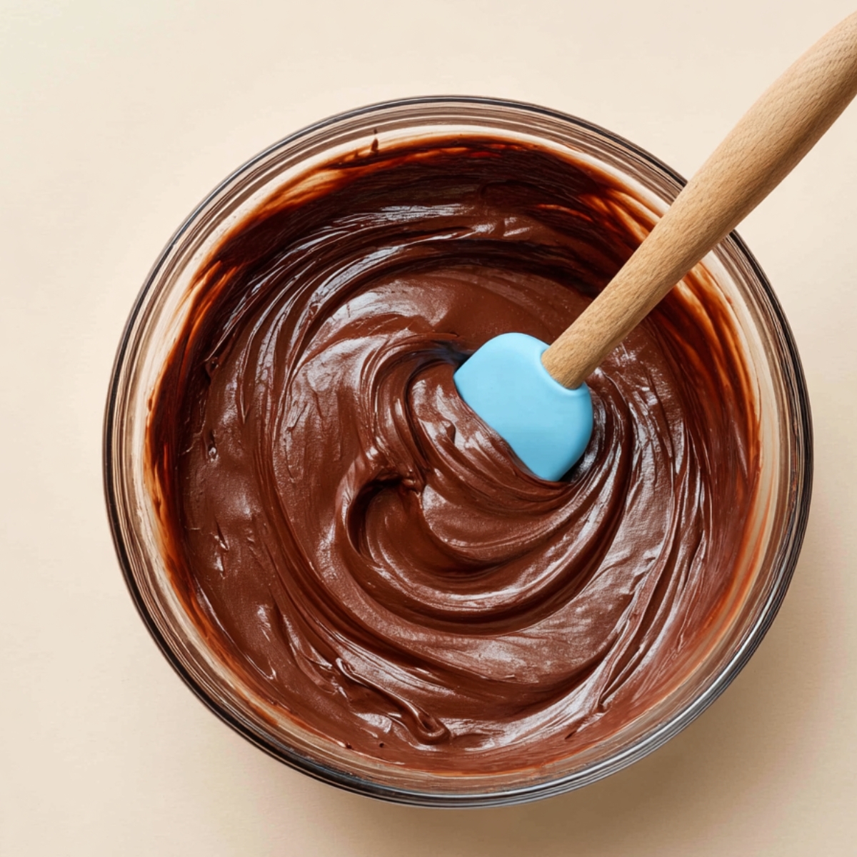 Peanut Butter Fudge Puddles Recipe | Easy Cookie Cups 11 Top-down view of smooth melted chocolate in a glass bowl being stirred with a blue silicone spatula