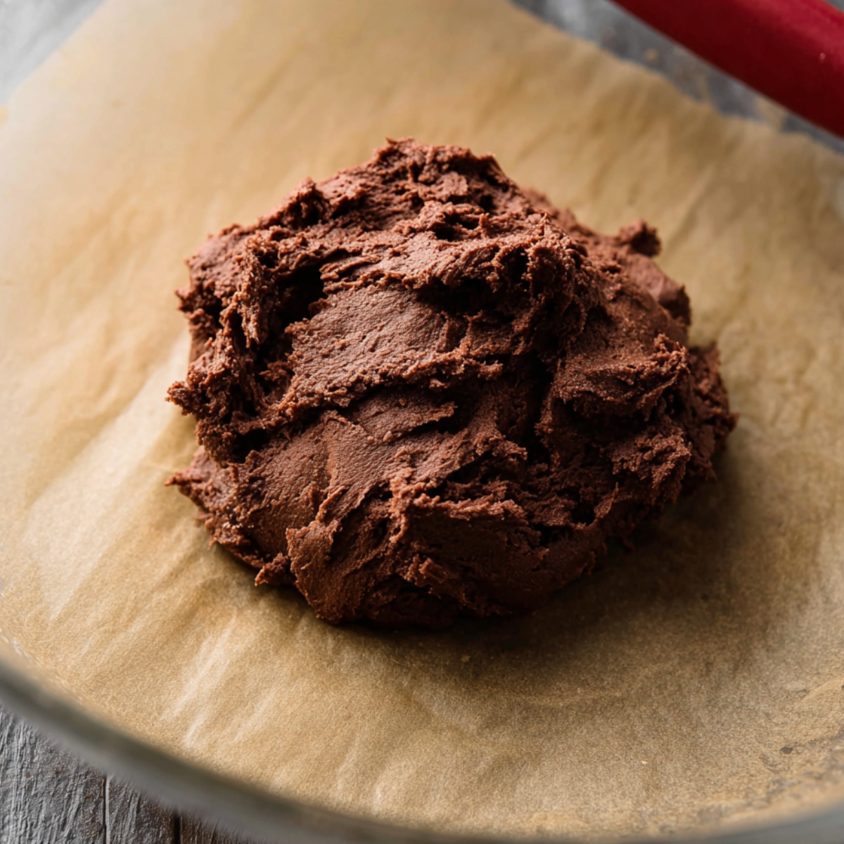 Easy Marshmallow Hot Cocoa Cookies 10 A close-up image showing thick, dark brown hot cocoa cookie dough in a glass mixing bowl with a red spatula.