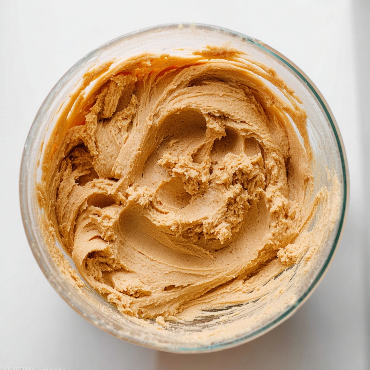 Peanut Butter Fudge Puddles Recipe | Easy Cookie Cups 10 Overhead shot of creamy peanut butter cookie dough mixed in a clear glass bowl with a fluffy texture