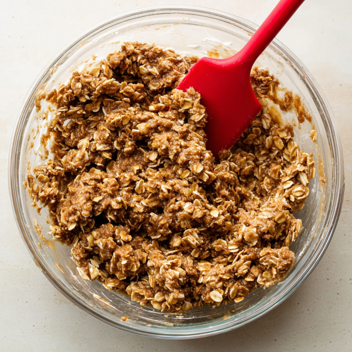 Homemade Oatmeal Fig Bars Recipe | Easy & Healthy 11 Close-up of a glass bowl containing a crumbly oat mixture with a spatula. The mixture consists of oats, caramel-like ingredients, and a sticky texture, perfect for making the crust and topping."