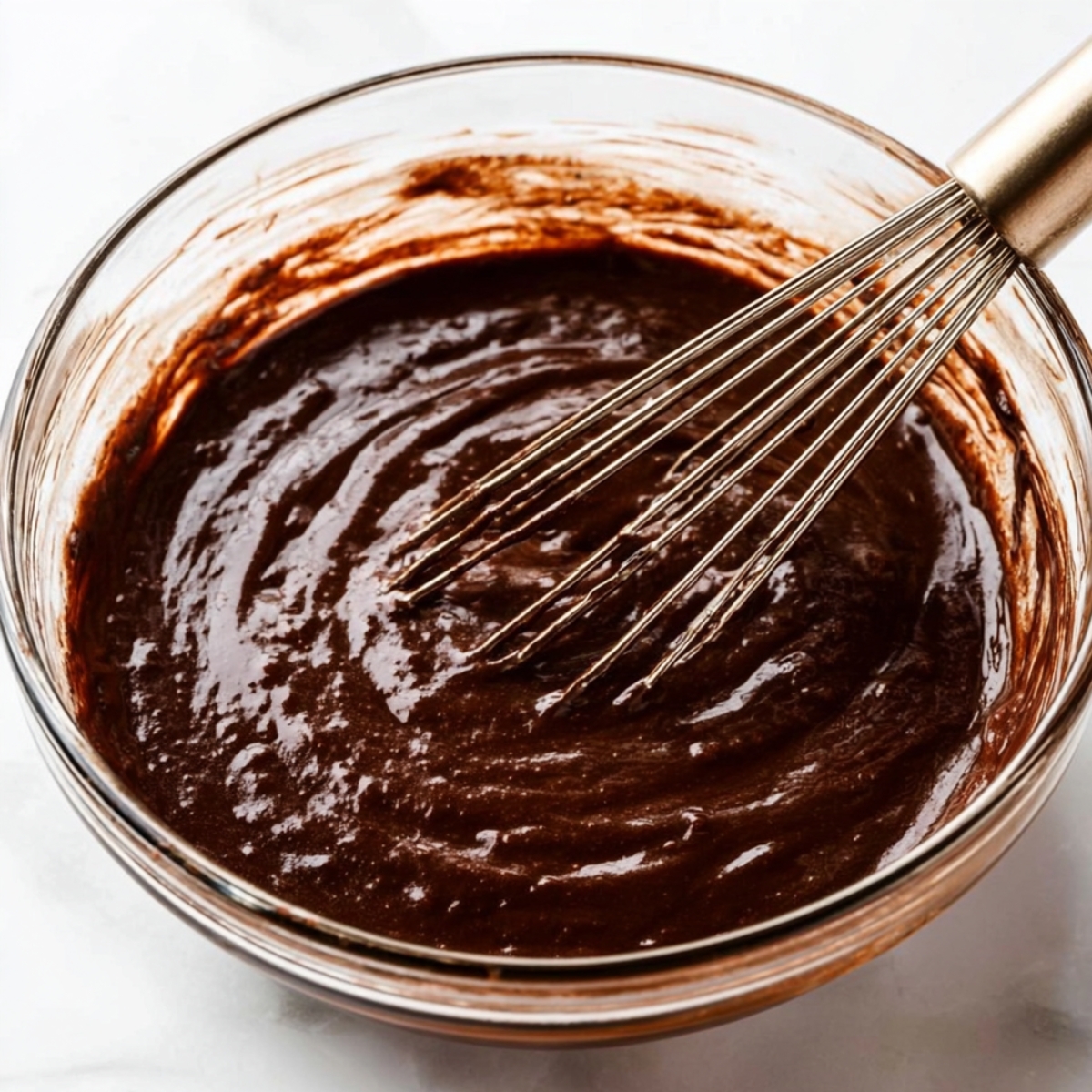 Chocolate Covered Strawberry Cupcakes Recipe - So Easy! 10 A bowl of chocolate cupcake batter, thick and well-mixed, with a whisk ready for more mixing.