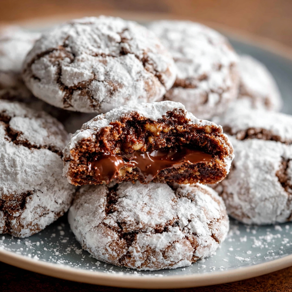 A close-up of freshly baked Nutella Crinkle Cookies with powdery sugar coating, showing a soft and gooey interior with melted Nutella and hazelnuts.