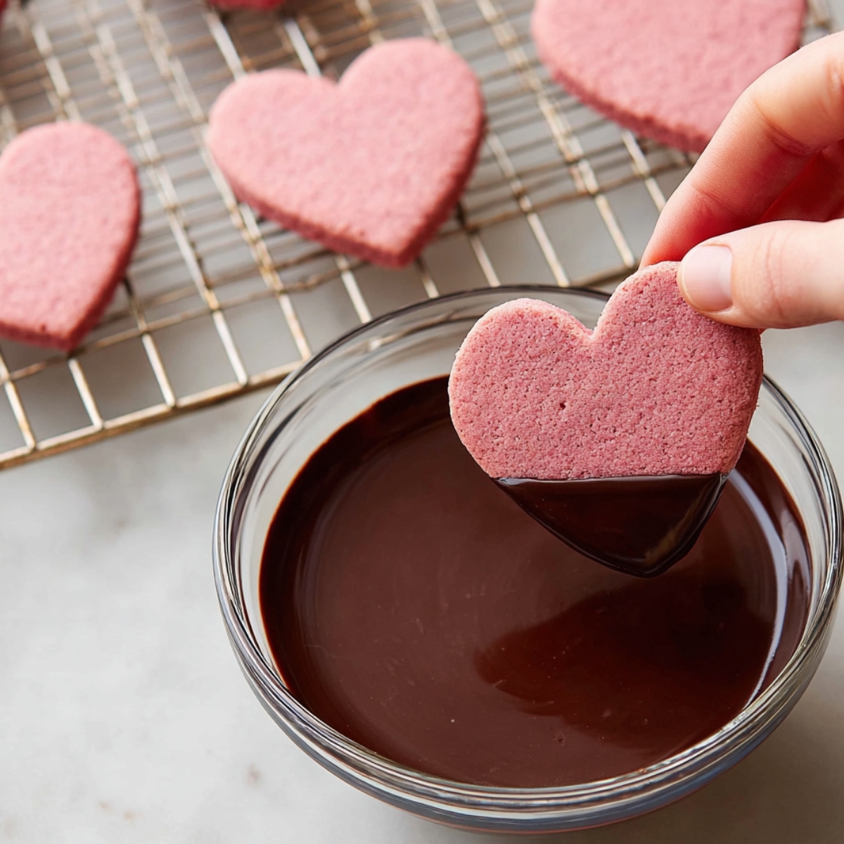 Raspberry Sugar Cookies Recipe | Soft & Fruity Treats 14 A hand dips a heart-shaped raspberry cookie into a bowl of smooth, glossy dark chocolate. The rest of the cookies are cooling on a wire rack in the background.