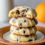 Stacked Orange Chocolate Chip Ricotta Cookies with a sweet glaze, one of which is broken in half to reveal the soft, chocolate-filled interior, perfect for a citrusy, chocolatey treat.