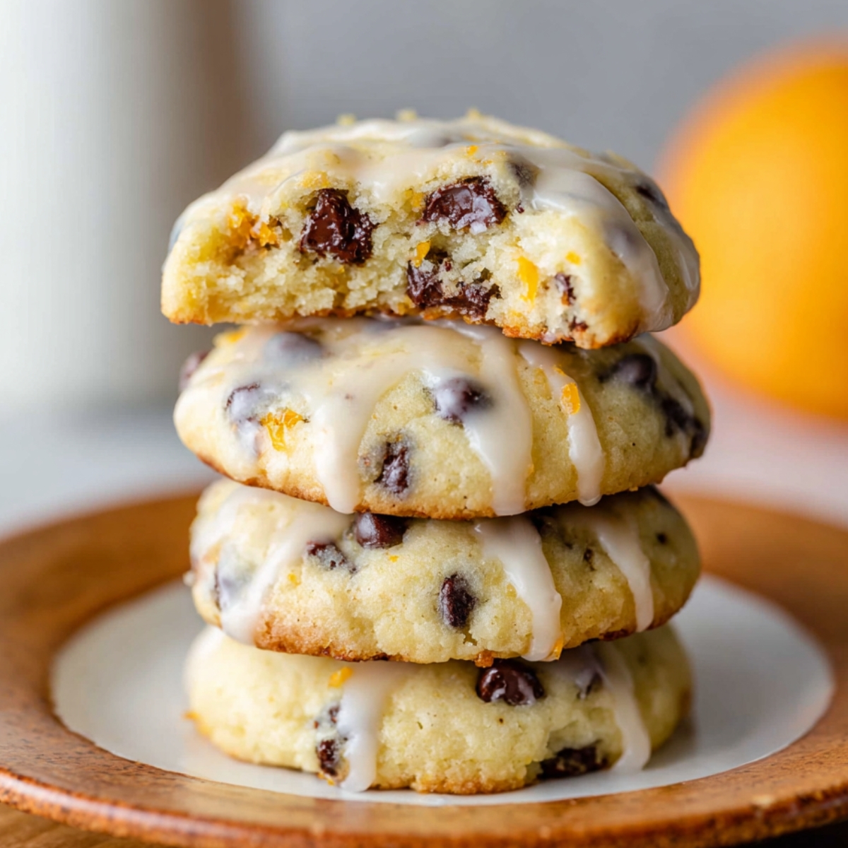 Orange Chocolate Chip Ricotta Cookies 9 Stacked Orange Chocolate Chip Ricotta Cookies with a sweet glaze, one of which is broken in half to reveal the soft, chocolate-filled interior, perfect for a citrusy, chocolatey treat.