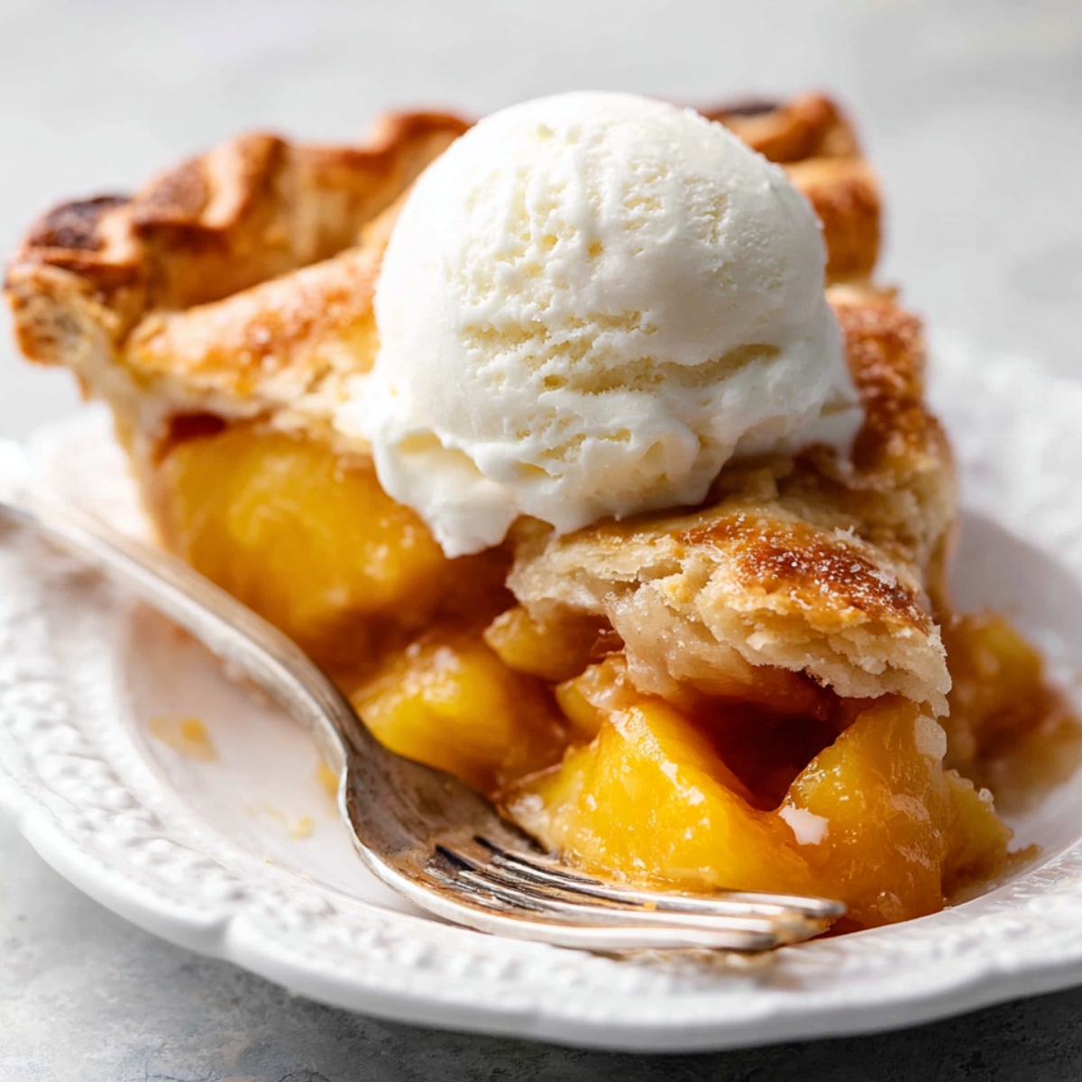 Perfect Peach Pie Recipe | Fresh & Flaky Every Time 9 A slice of freshly baked peach pie with a scoop of vanilla ice cream on top.