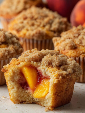Easy Peach Streusel Muffins 5 Peach Streusel Muffins cut in half showing juicy peach pieces inside with crumb topping