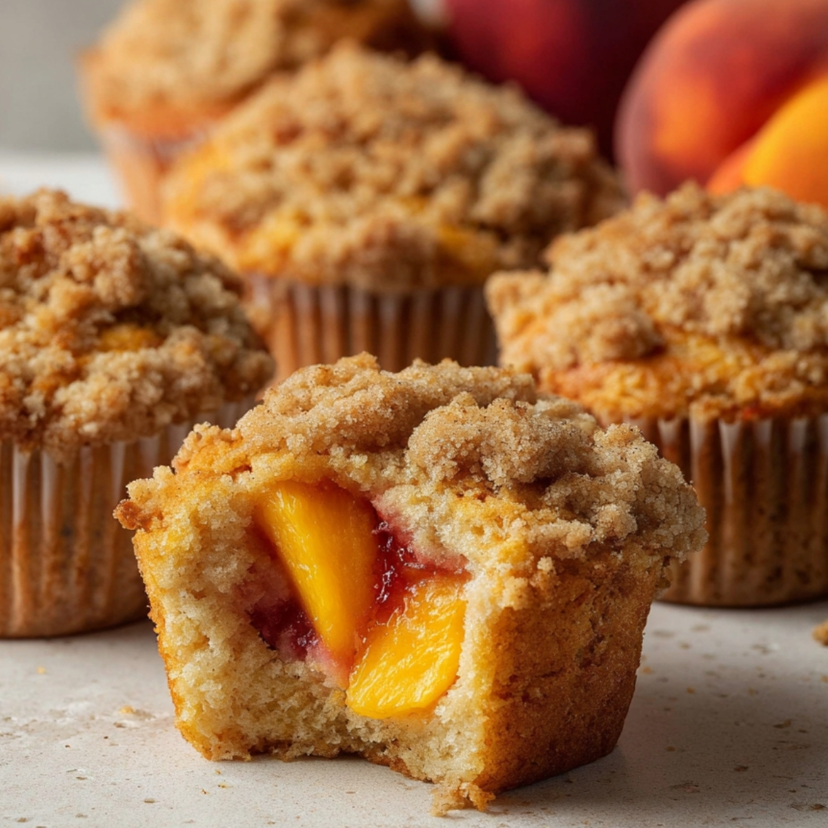 Peach Streusel Muffins cut in half showing juicy peach pieces inside with crumb topping