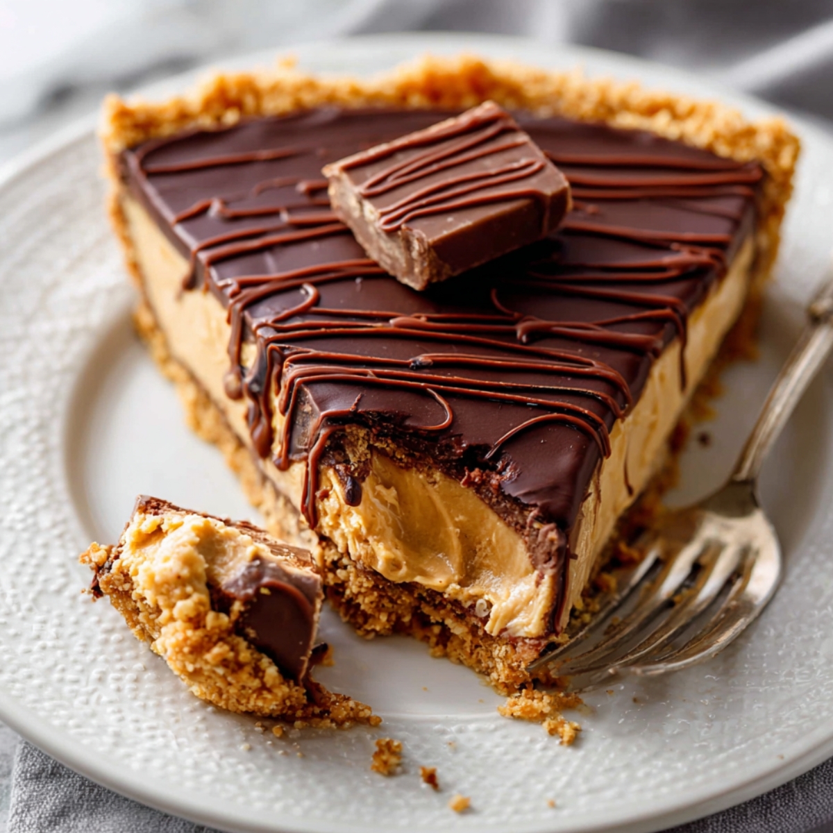 A slice of Peanut Butter Cup Tart on a white plate, with a bite taken out, showing the smooth peanut butter filling and chocolate topping. A fork rests next to the slice.