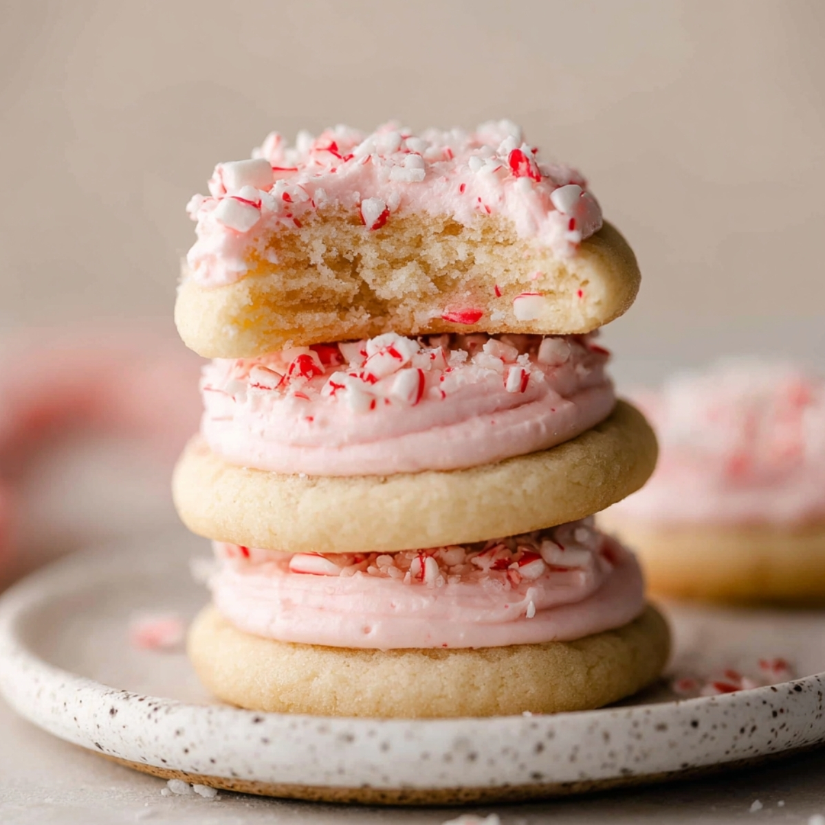 Peppermint Meltaway Cookies with pink frosting and crushed candy canes, one cookie bitten to show soft center