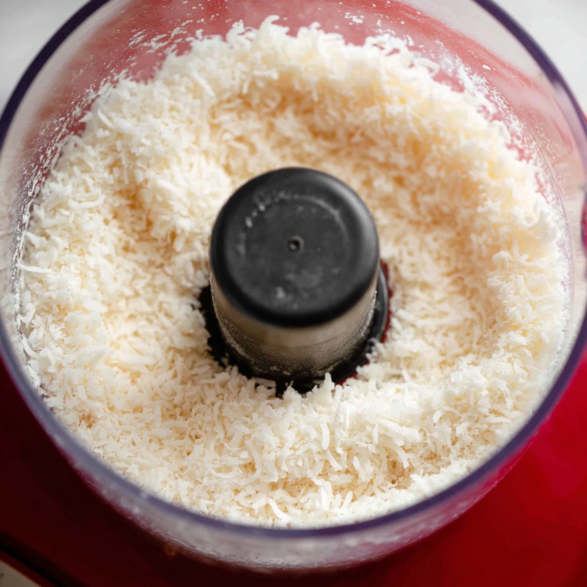 A food processor with shredded coconut, ready to be used in a recipe.