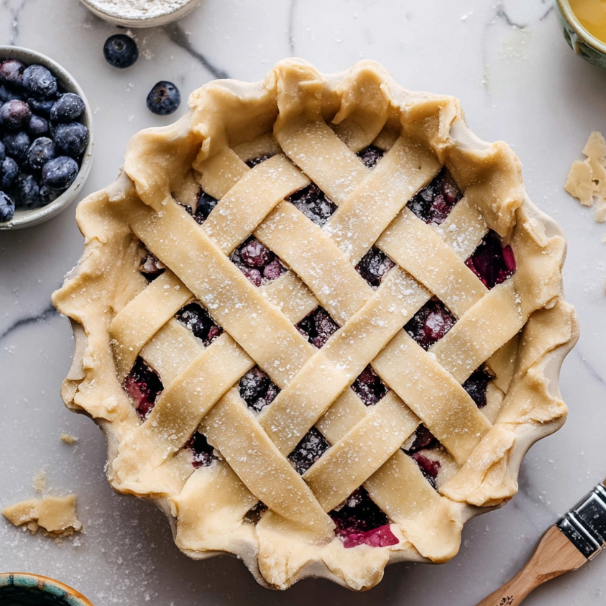 Triple Berry Pie with Perfect Slices | Homemade & Flaky 12 Unbaked lattice-top berry pie on marble surface