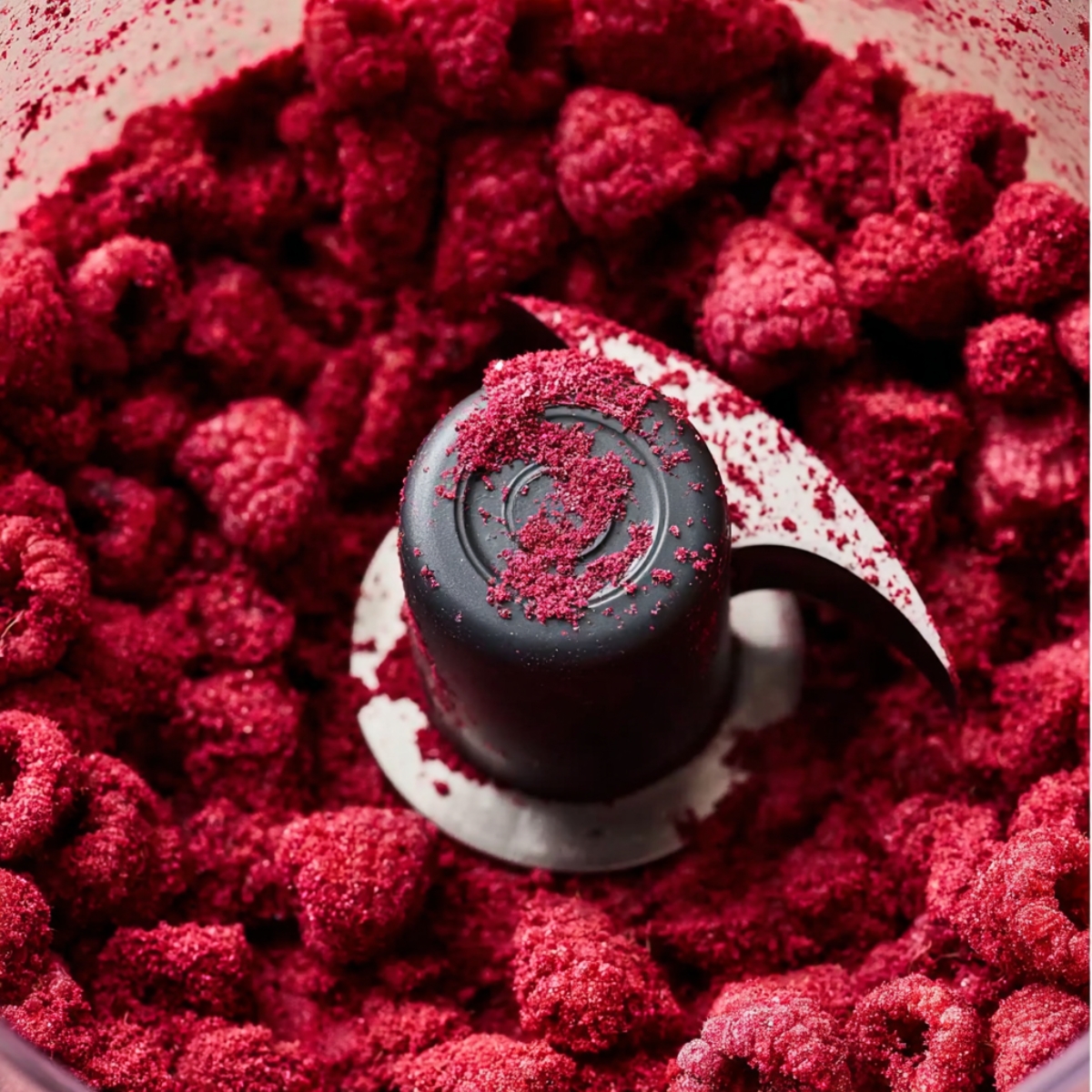 Raspberry Sugar Cookies Recipe | Soft & Fruity Treats 10 Close-up of freeze-dried raspberries being processed into powder in a food processor, with some whole raspberries still visible among the crushed pieces.