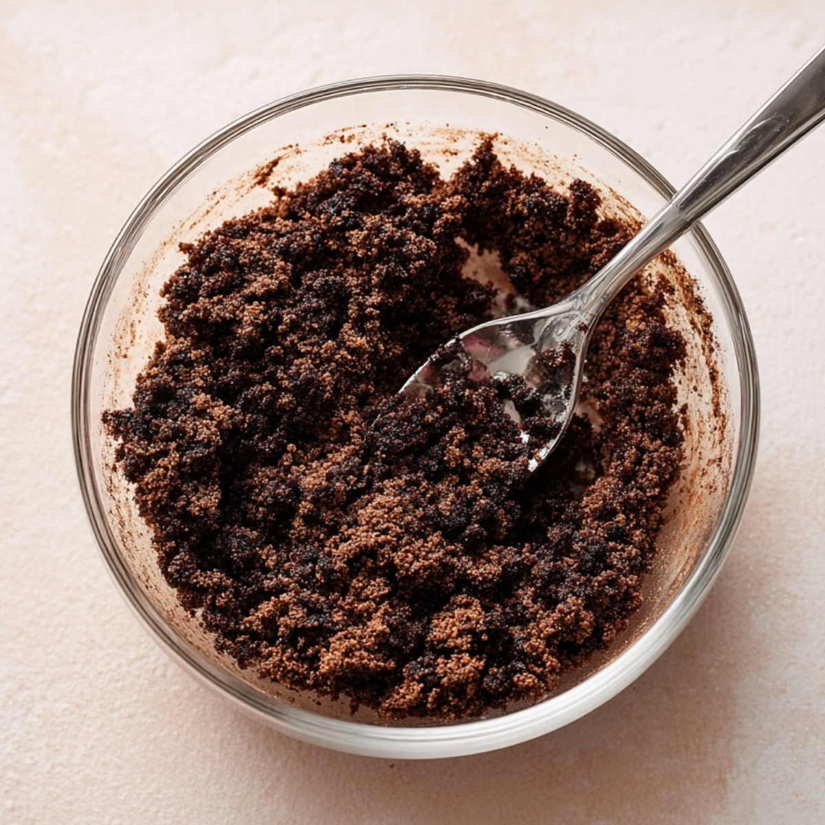 Homemade Ice Cream Cake Recipe | 6 Ingredients, No Bake 10 Bowl of crushed Oreo cookie crumbs mixed for ice cream cake crust with spoon