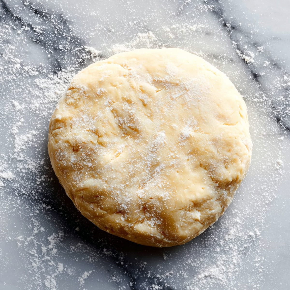 A round disk of pie dough dusted with flour on a marble surface.