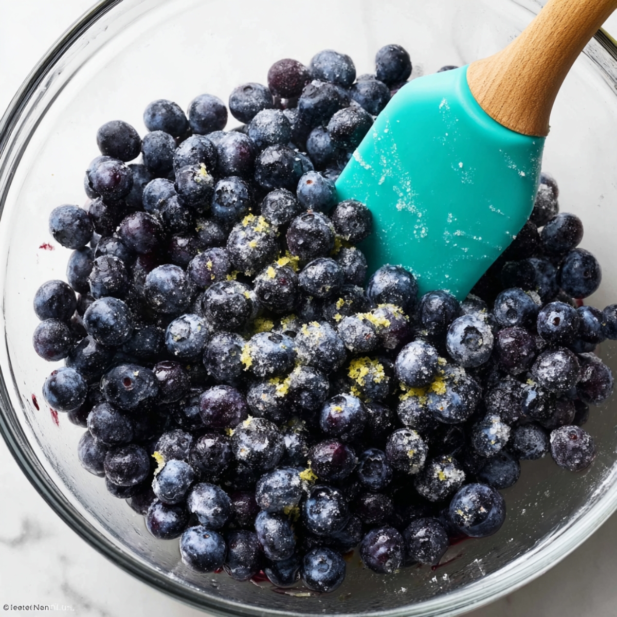 Blueberry Galette Recipe | Better Than Pie in 2 Hours 10 Blueberries mixed with sugar and lemon zest in a glass bowl with a silicone spatula.