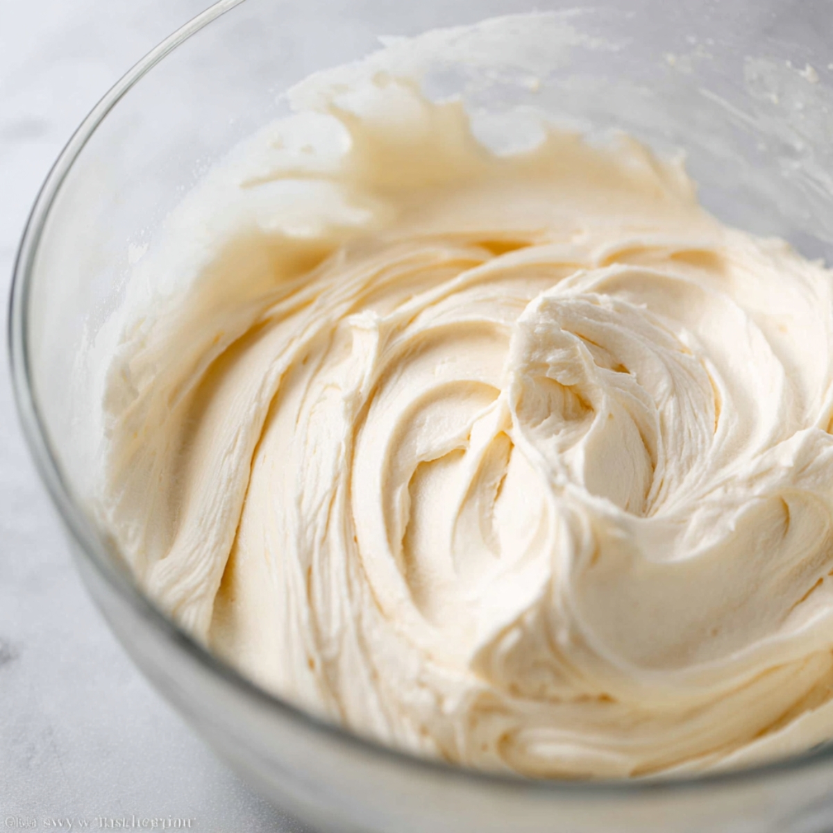 Moist Blackberry Lavender Cake Recipe 12 A whisk stirring a smooth batter in a glass mixing bowl, with the mixture still slightly thick.