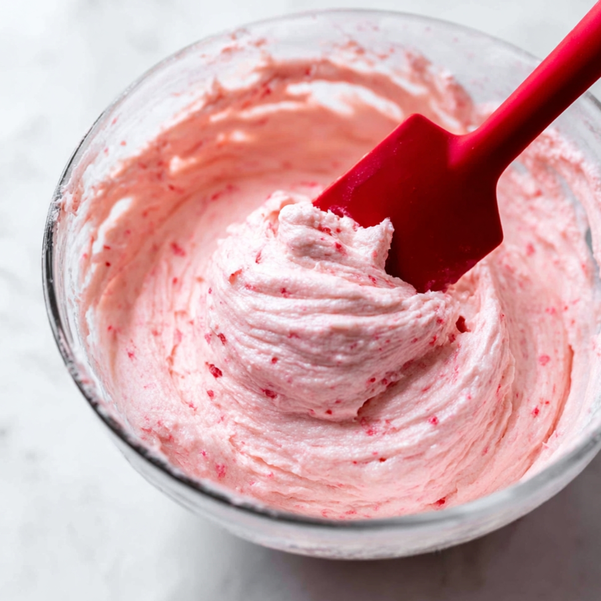 Chocolate Covered Strawberry Cupcakes Recipe - So Easy! 13 A bowl of strawberry buttercream with a spatula, showing a soft, pink-colored frosting.