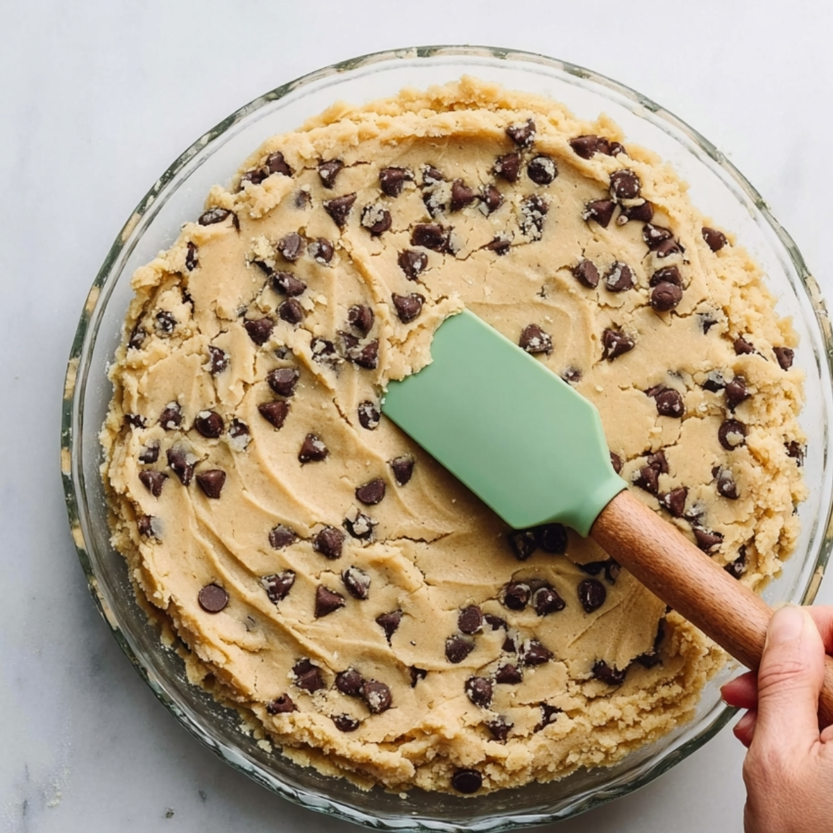 Chocolate Chip Cookie Cake Recipe | Easy & Chewy 11 Pressing chocolate chip cookie dough into a glass baking pan with a green spatula, preparing cookie cake before baking