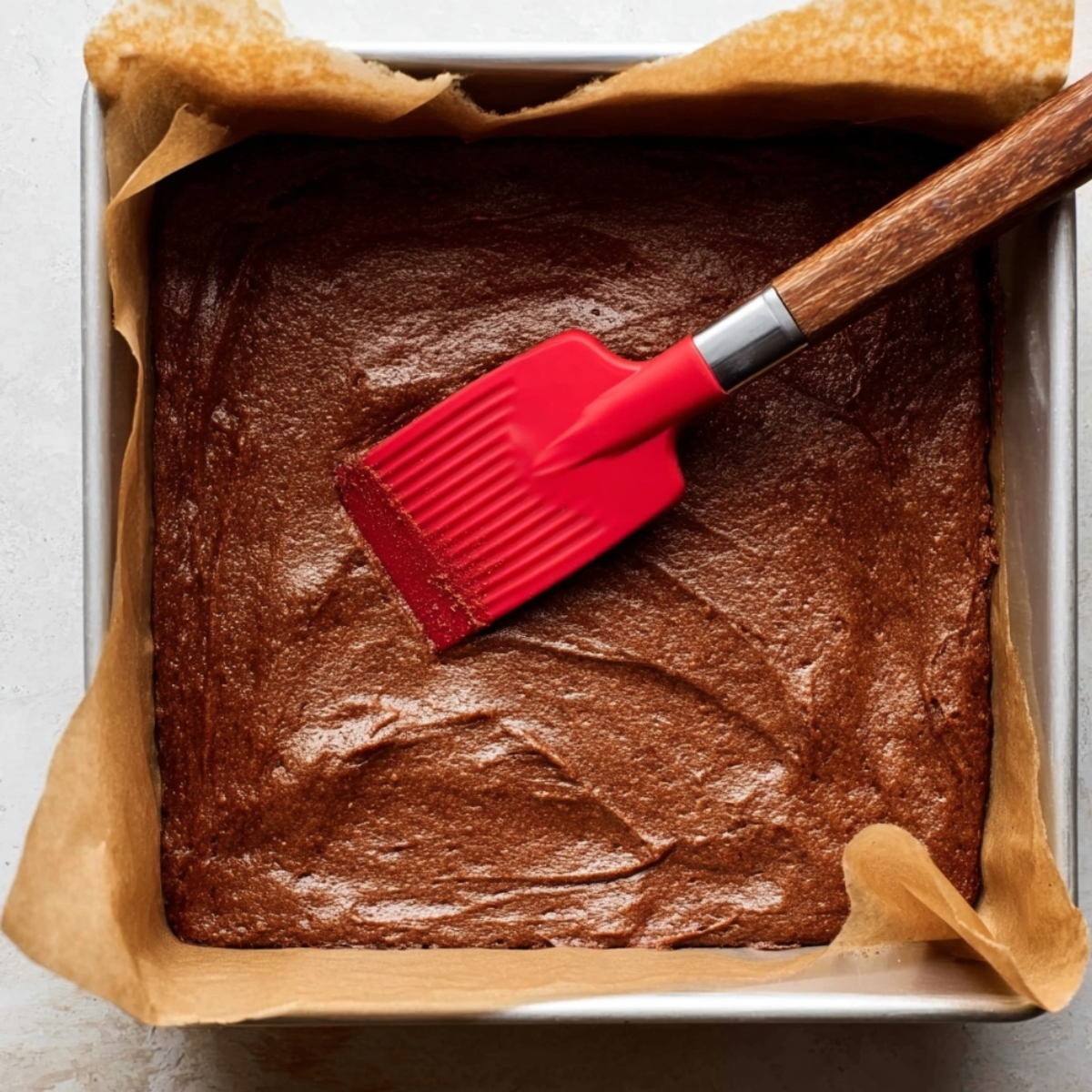 Homemade Gingerbread Cookie Bars 11 A square pan with gingerbread dough pressed evenly into the bottom, ready for baking.