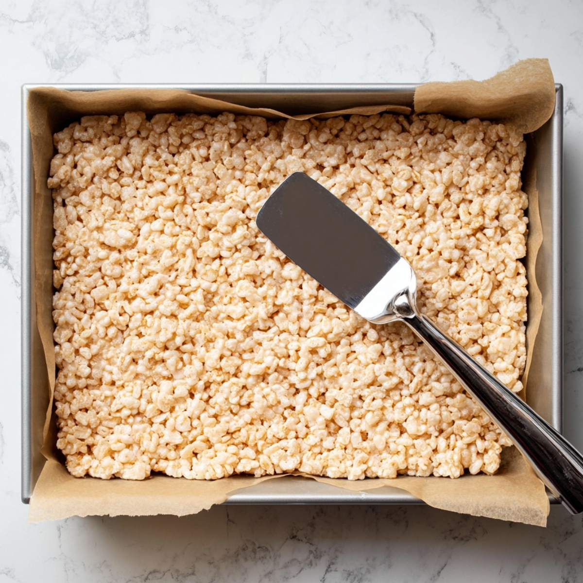 Soft Rice Krispie Treats Recipe 11 Rice Krispie treat mixture pressed evenly into a parchment-lined baking pan with a spatula