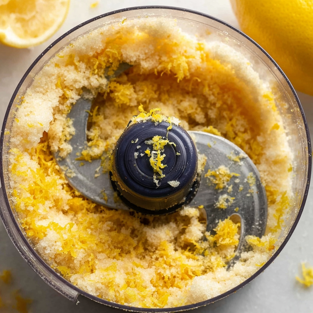 Easy Lemon Shortbread Cookies Recipe 10 Lemon zest and sugar mixed together in a food processor, creating a fragrant, zesty sugar mixture.